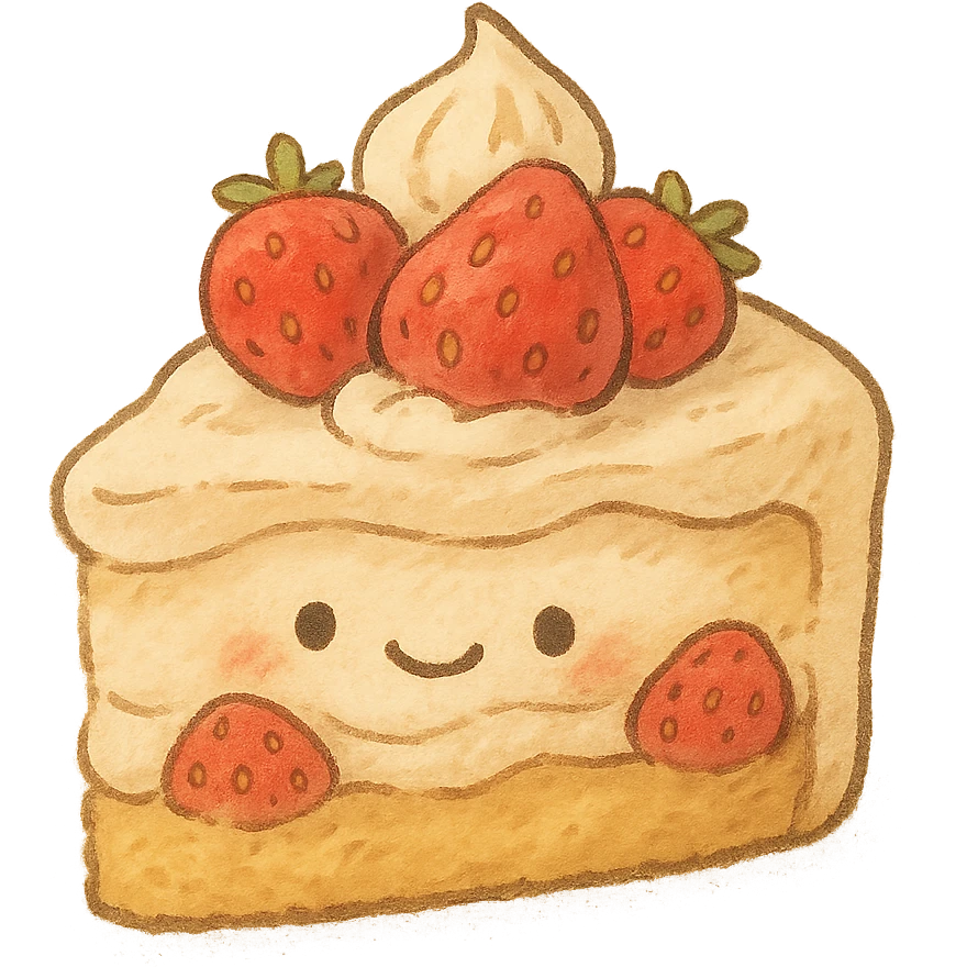 ghibli style cute strawberry cake with whipped cream, smiling face, kawaii, soft light, hand-drawn look emoji
