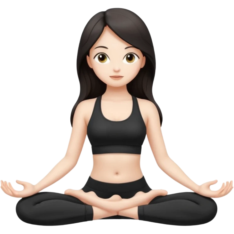 Девушка белокожая, с длинными темными волосами, в черной одежде для йоги, стоит в позе лотоса, в стиле бимбо пилатес, правильные пропорции, только человек, правильные ноги emoji
