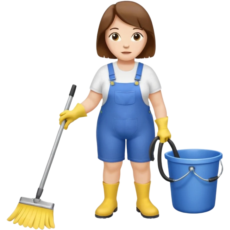 old and fat women, brown hair, Custodian with yellow rubber gloves, white T-shirt, blue overalls, mopping floor emoji