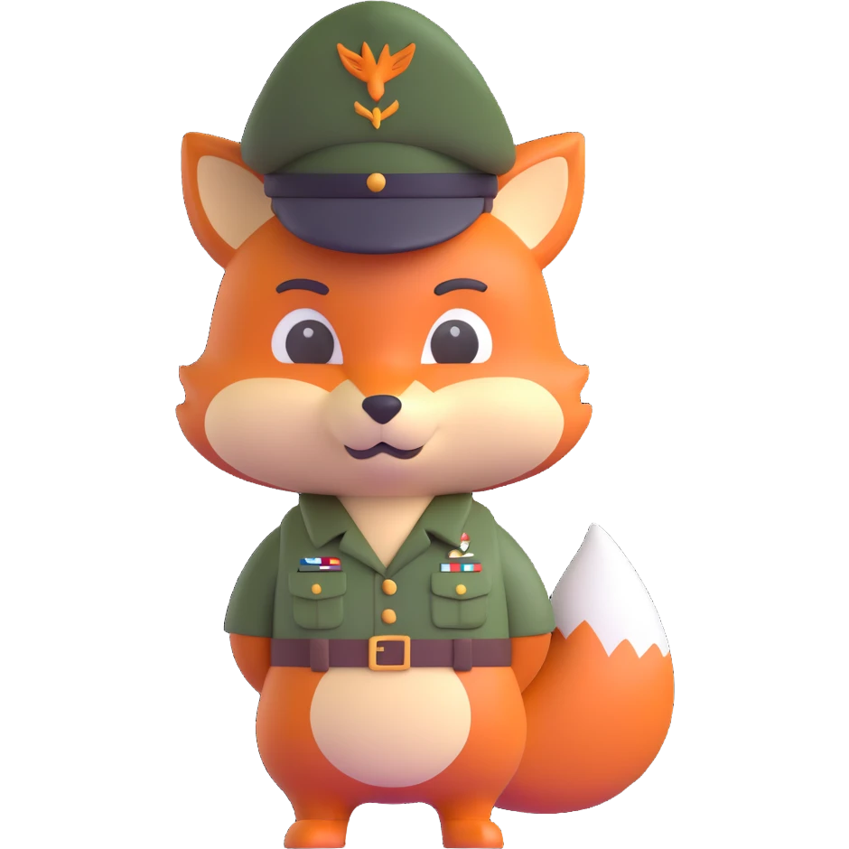 3D emoji style fox in army attire, stern face, beret, standing upright emoji