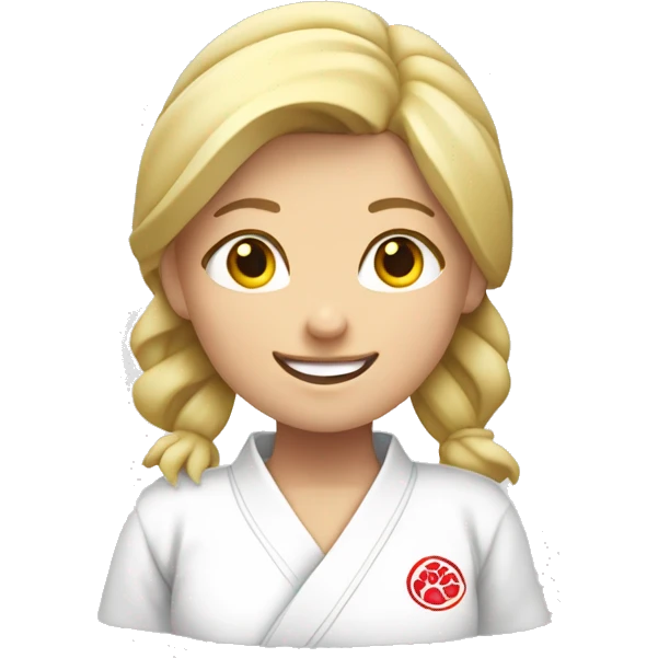 blond judo girl with wide smile and hands next to face emoji