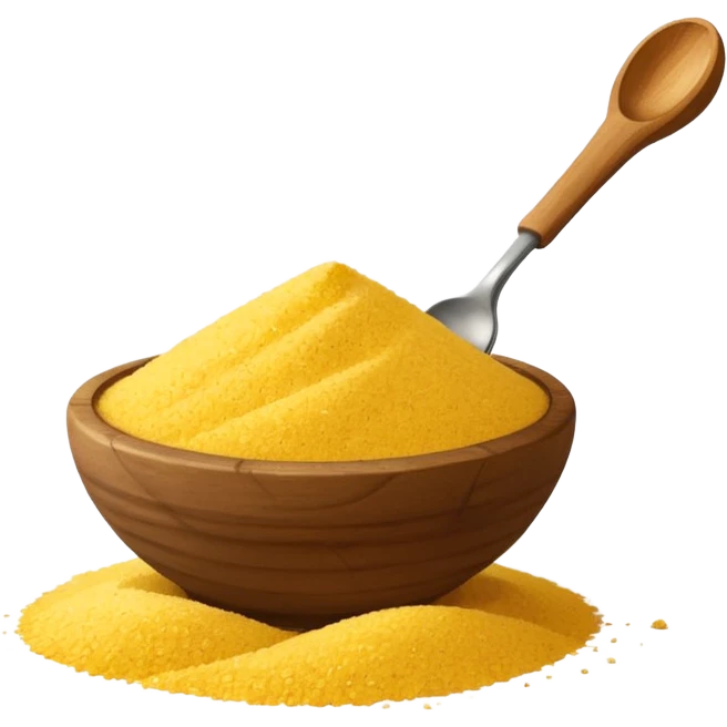 small pile or loose scatter of bright yellow cornmeal, coarse grainy texture, matte finish, irregular vibrant grains, rustic and hearty appearance, no bowl, spoon, or packaging, just the cornmeal, soft lighting, subtle shadows, transparent background, emoji scale emoji