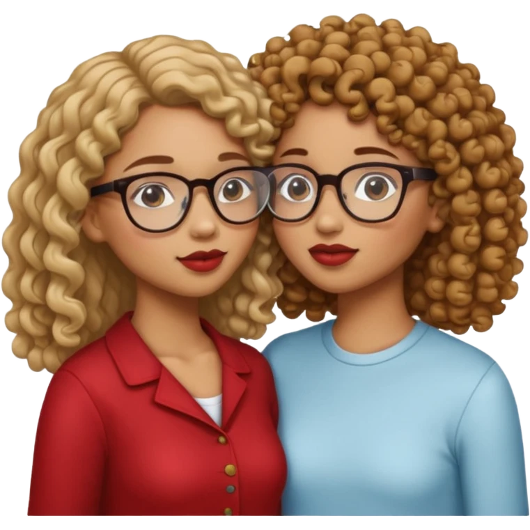 a light skin with straight hair and glasses and a light brown skin girl with curly hair kissing eschother emoji