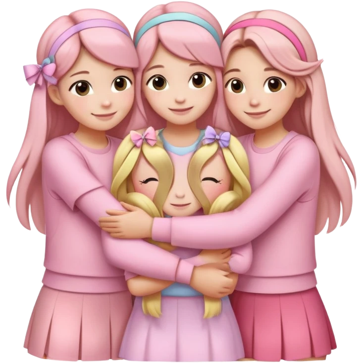 "Four girls hugging each other, all wearing soft pink clothes, two with long hair and two with shoulder-length short hair, smiling, cute iPhone emoji style, with hair accessories like headbands or ribbons, pastel color palette, soft shading, white background" emoji