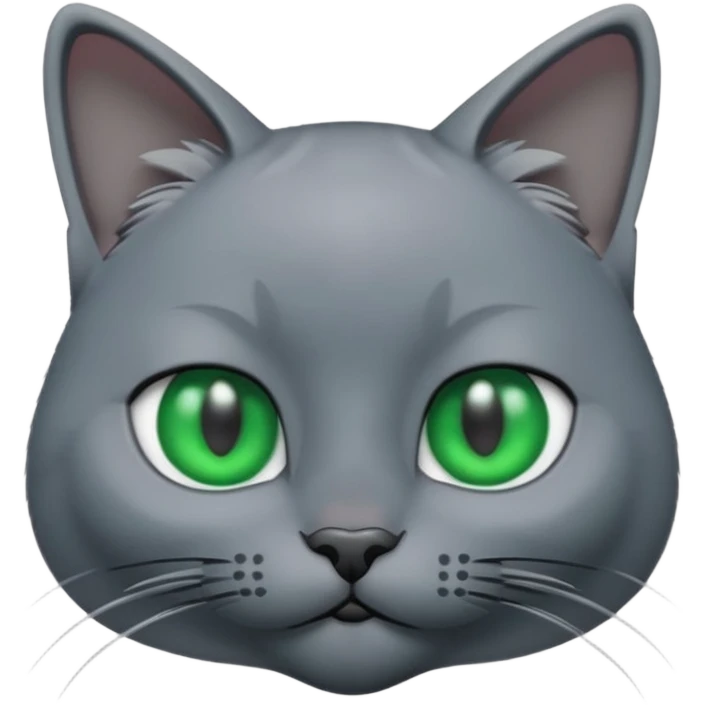 A 3D cartoon Russian Blue cat in cool silver-gray tone, smooth fur, green eyes, sleek lighting, cinematic 3D Memoji style. emoji