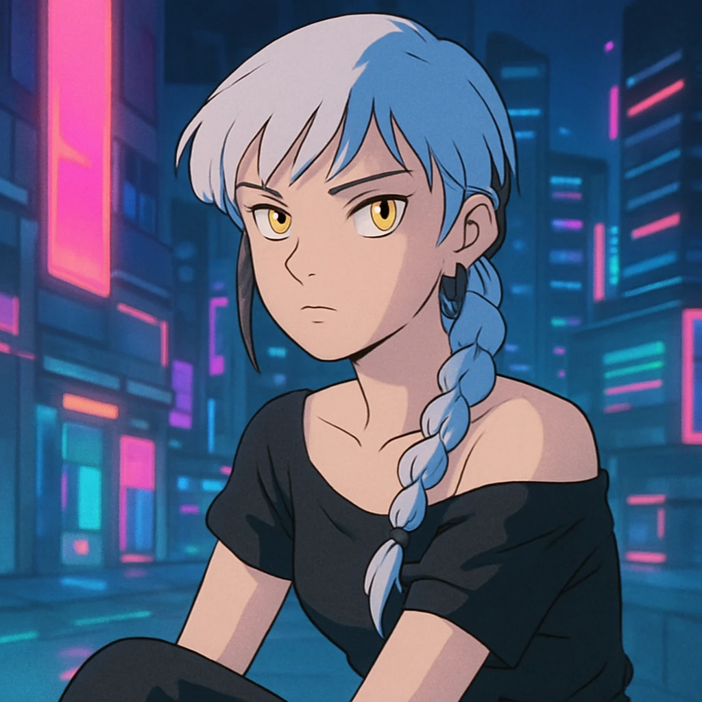 closeup portrait of young woman with gold yellow eyes, white hair in a long braid, black off-shoulder top, punk gothic style, futuristic cyberwave, sitting position, neon city lights in background, ghibli style emoji