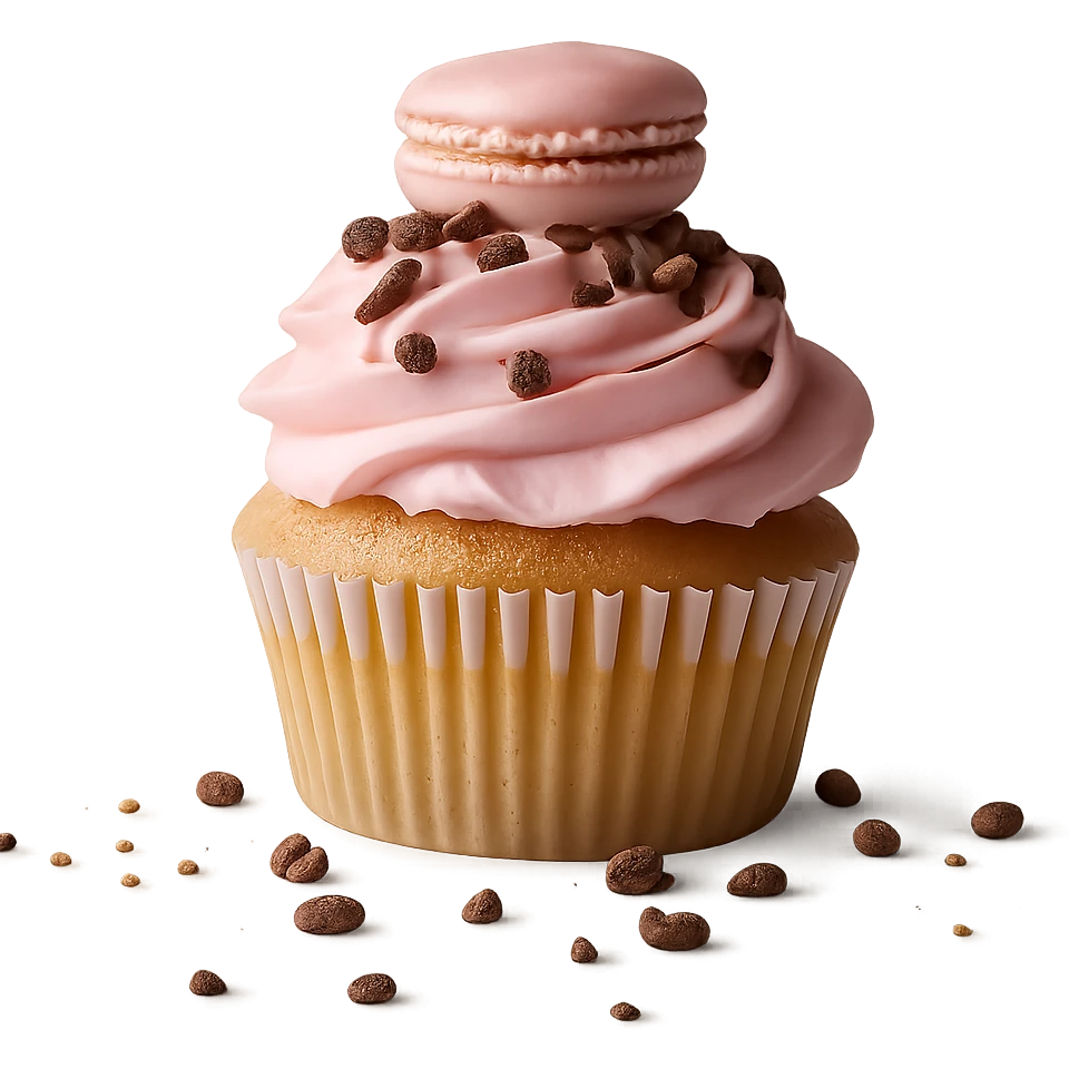Remove the background, keep only the realistic cupcake with pink icing and accessories, preserve photorealistic style, transparent background. emoji