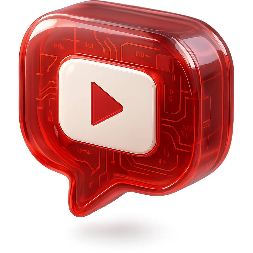 red speech bubble with a red YouTube white play button, like a trophy, glossy circuit style emoji
