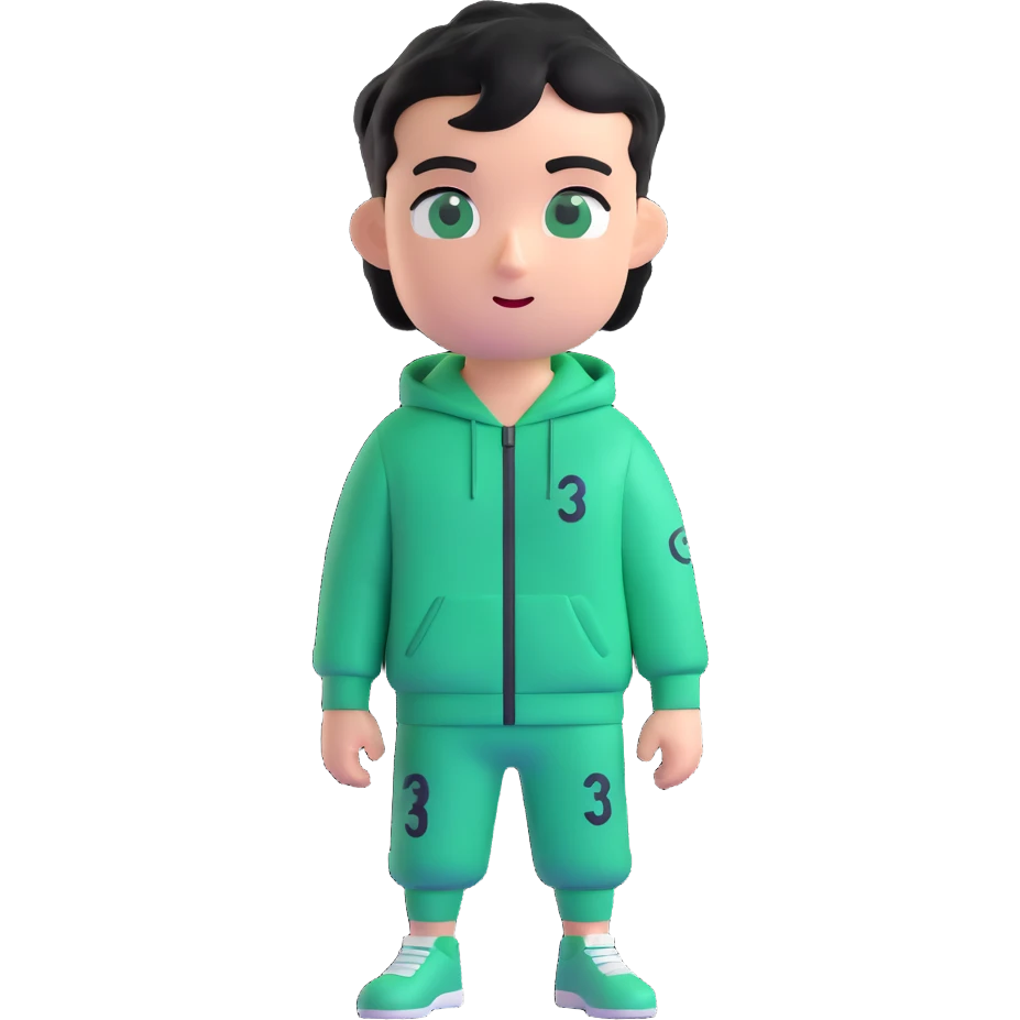 male character in a green Squid Game tracksuit with number 333, smirking, sharp black eyes, messy short black hair, slight stubble, flipping a coin, mysterious and strategic expression, 3D emoji style emoji