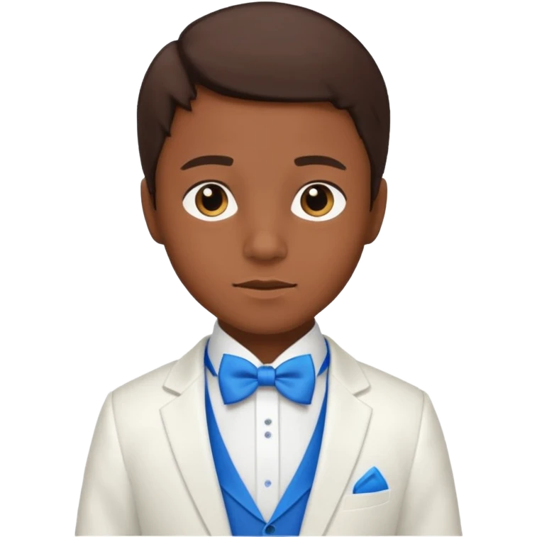 A boy with dark brown skin and I little bit of brown hair and a white tuxedo with a blue tie emoji