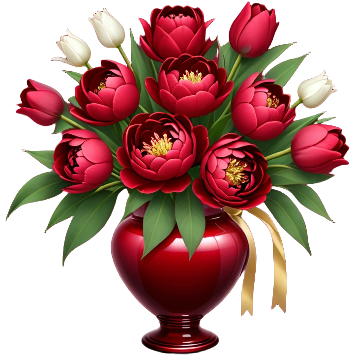 "An exquisite floral arrangement in a deep red glass vase, filled with velvety red peonies, classic roses, and striking tulips, accompanied by silky pearl-colored ribbons that drape gently over the surface." emoji