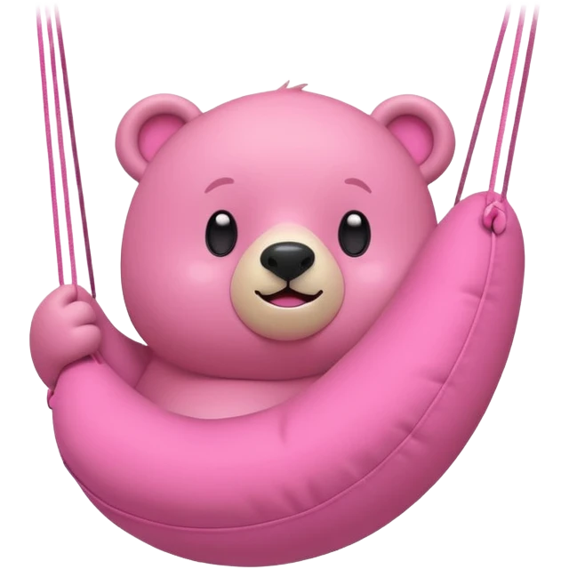 pink bear swinging a pillow, flat minimal rounded shapes, simple face, energetic and cute, iPhone emoji style emoji
