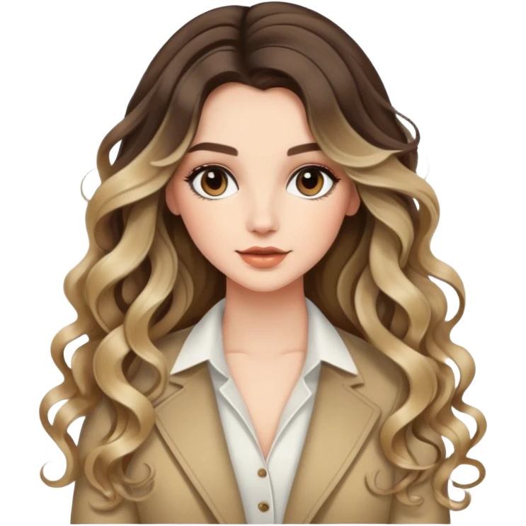 beautiful brunette with blondish balayage white female with soft curls, very long hair  and stylish outfit  emoji