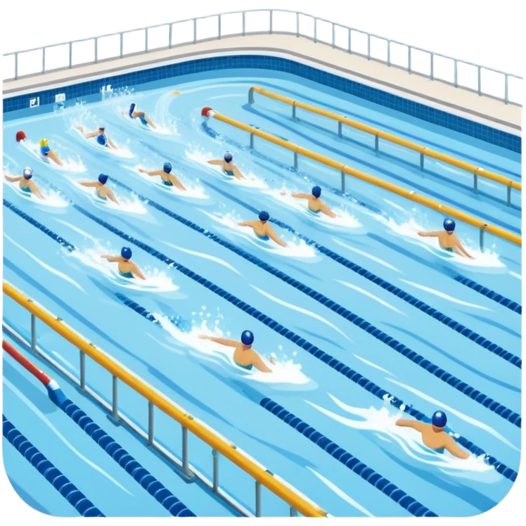 An icon featuring an Olympic swimming pool with multiple lanes and swimmers racing side by side. Splashes and lane dividers highlight the competition atmosphere. Transparent background emphasizes the energy, speed, and intensity of professional swimming events. emoji