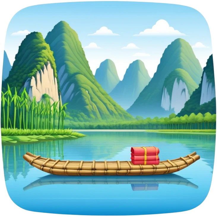 Yangshuo karst peaks with bamboo raft on river Guilin, simplified emoji style with bold outlines and bright colors, cartoon style mountains with clear blue sky emoji