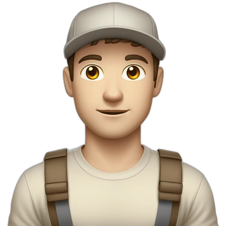 Pale skinned fit Man with dark brown hair in a beige cap, gray jeans, brown polo and white T-shirt keeping a pasted with tape white box into his hands emoji