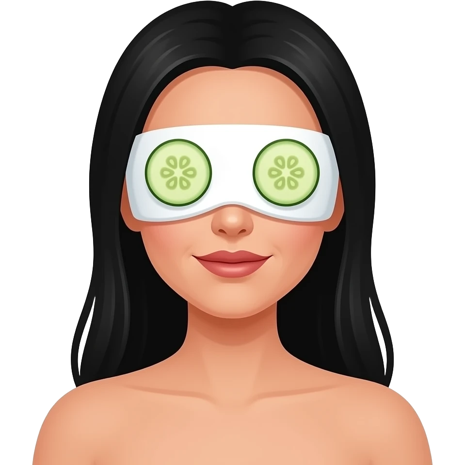 Una mujer de cabello negro  largo   con toalla y pepino en los ojos emoji