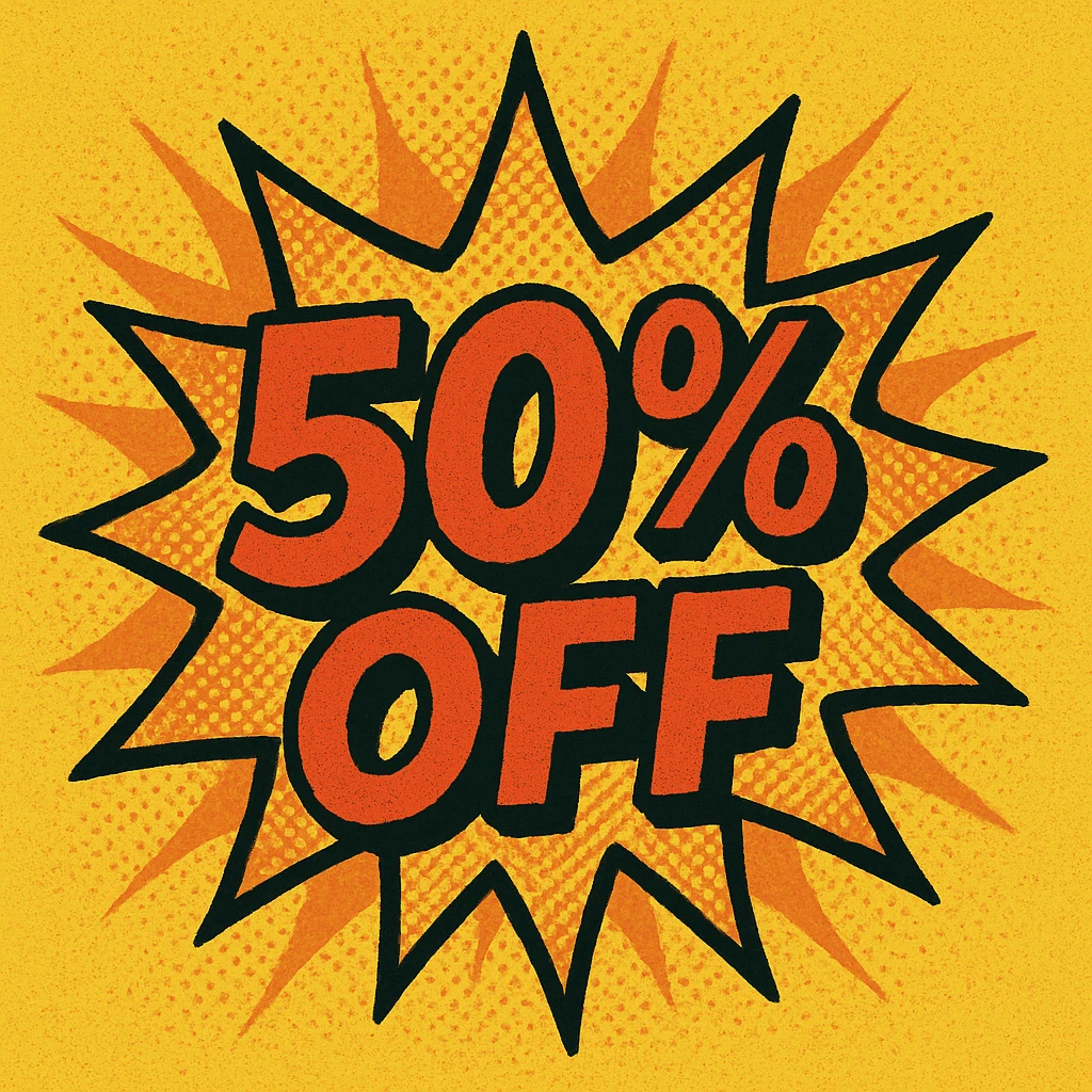 comic-style '50% OFF' burst with yellow and orange, dynamic and attention-grabbing emoji