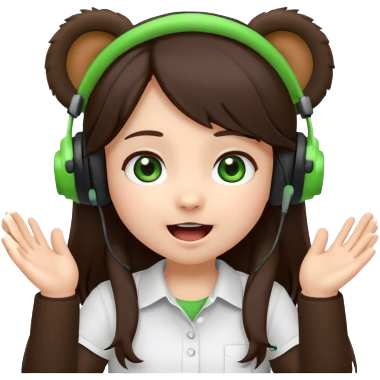 Animated emoji, Chibi girl, long dark brown hair, green eyes, wearing a white shirt and small brown bear ears on a black headset, with wide happy surprised eyes and mouth and clapping excitedly emoji