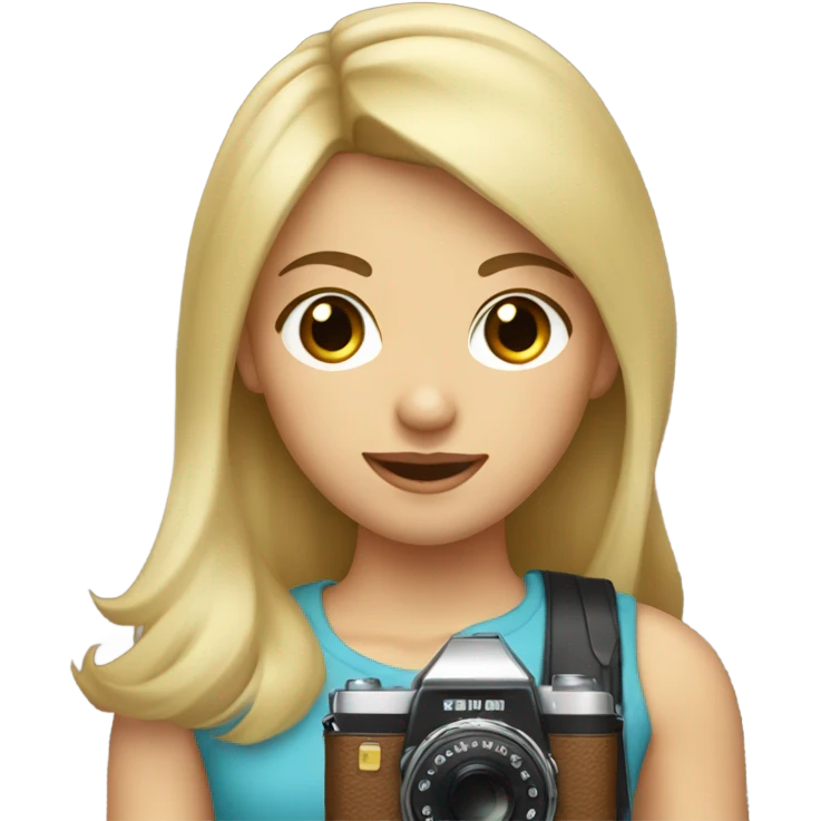 the girl has blond hair with bangs and brown eyes holding a camera emoji