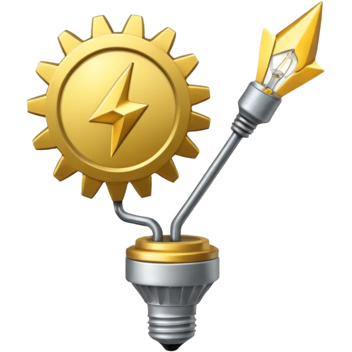 a gear with golden raising arrow behind it on the right side, and then a small golden beaming light bulb on the left side emoji