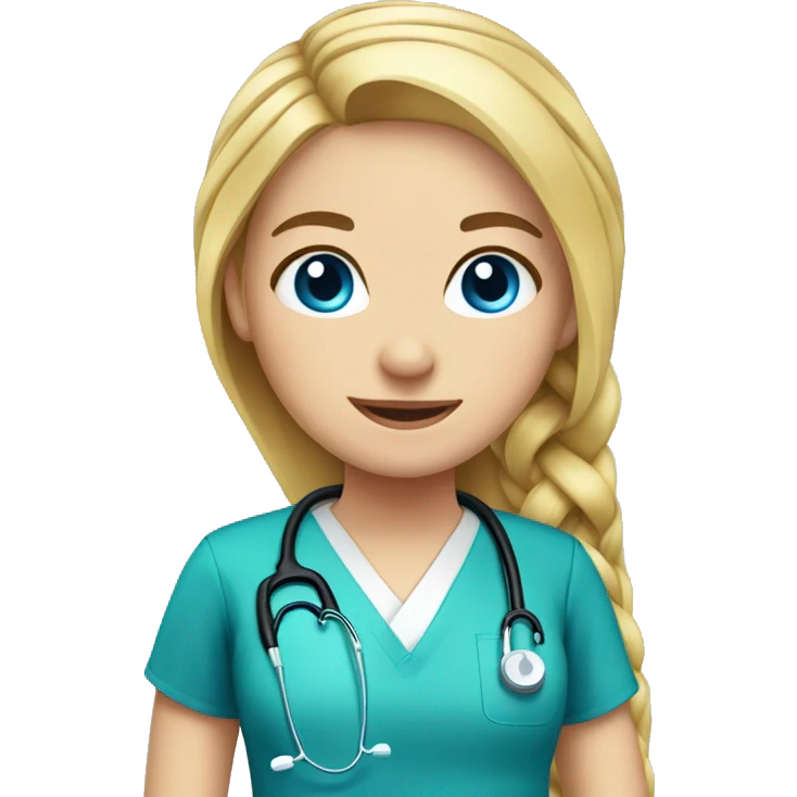Girl with blonde hair in one long braid and blue eyes being a doctor emoji