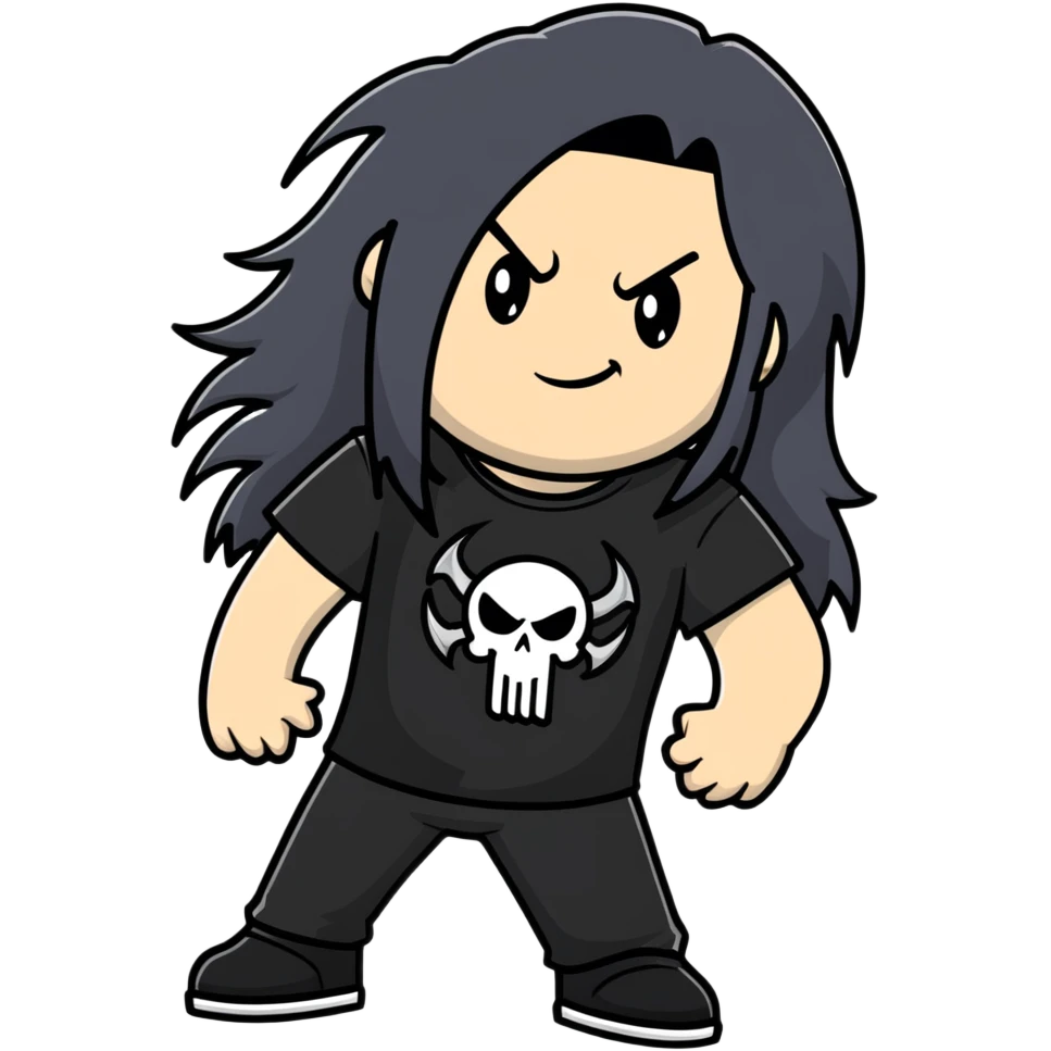 A metalhead with long flowing black hair, wearing a black heavy metal t-shirt, smirking confidently emoji