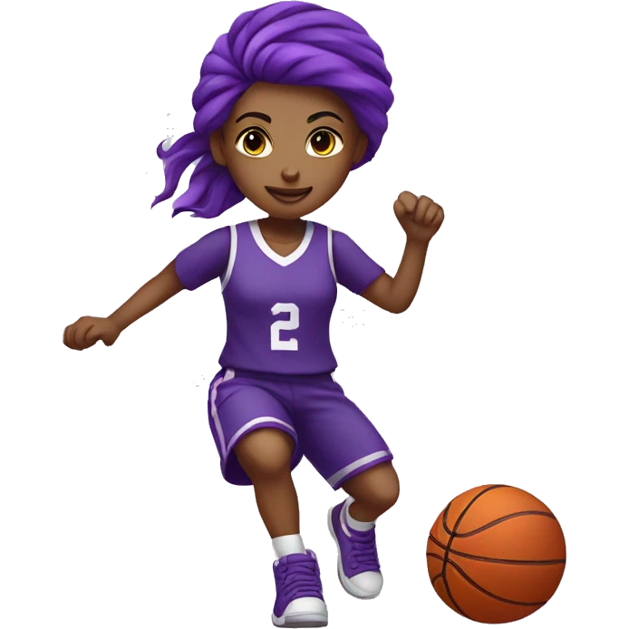 The girl with purple hair and purple uniform is playing basketball emoji