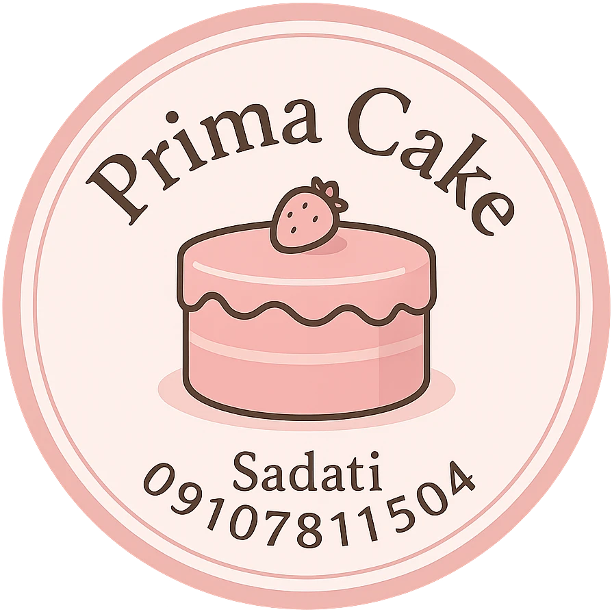 A circular logo for Prima Cake bakery with a pink cake at the center, featuring the text Prima Cake in English and the contact info Sadati 09107811504 below it. The logo should have a pink circular border and a white background, designed to be printable for cake decoration. The style should be elegant and suitable for a bakery emoji