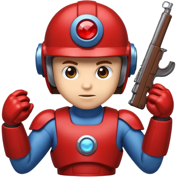 mega man but with the color rootbeer brown shiny like metal with arms for guns and a dark shiney red healmet emoji