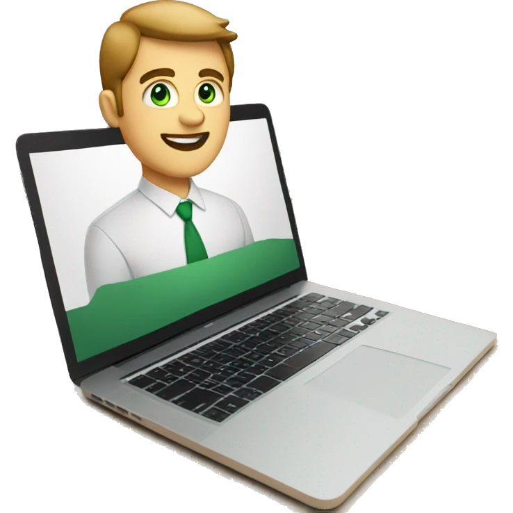 white man with green eyes and red mouth working MacBook emoji