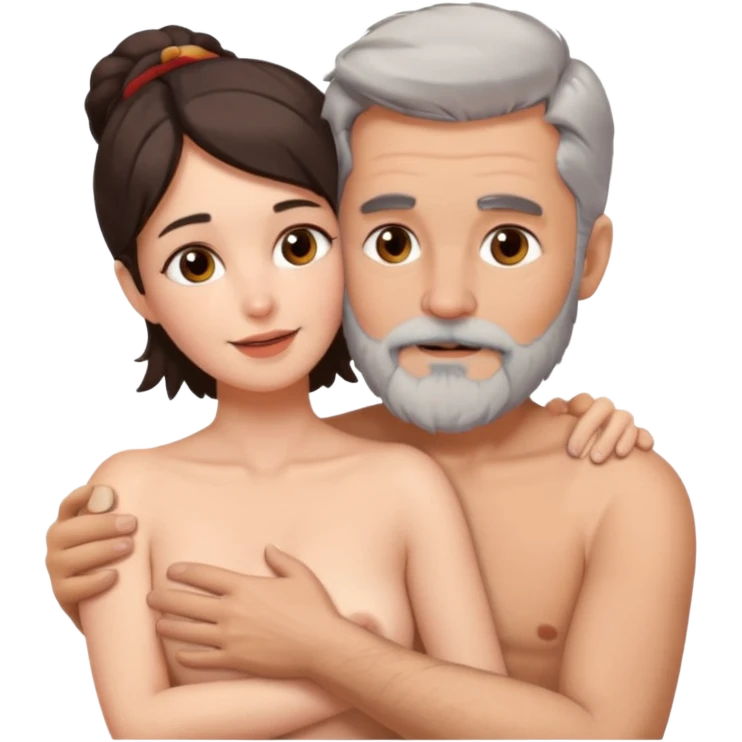 Grey haired bearded man, and pretty brunette woman cuddling naked emoji