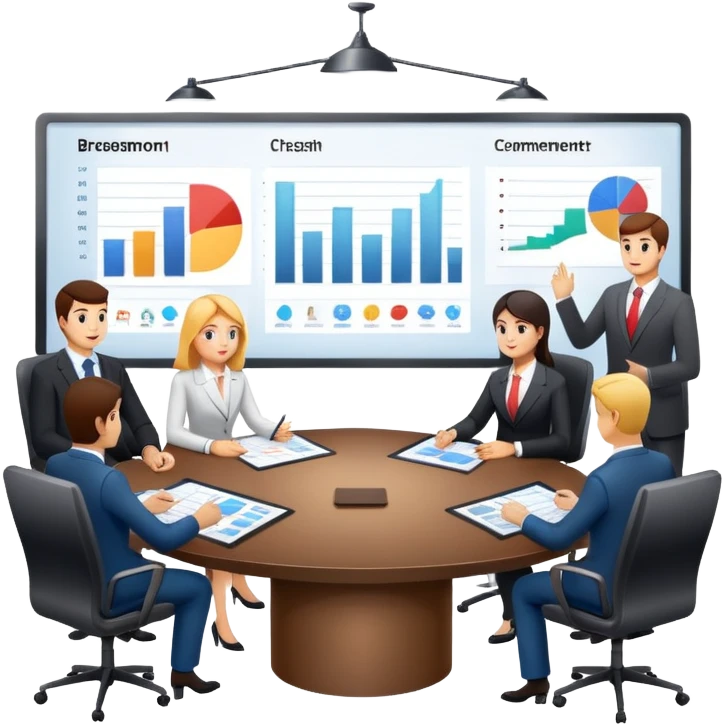 boardroom meeting with people presenting charts on a large table emoji