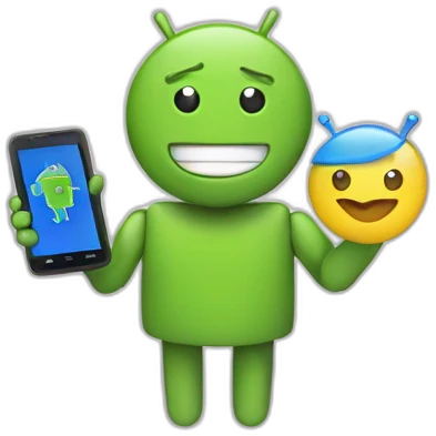 SERGUEI BRIN WITH AN ANDROID PHONE INTO THE HAD AND GOOGLE LOGO INTO THE OTHER HAND emoji