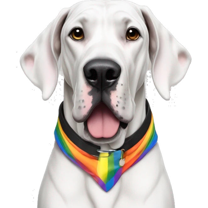 white and black great dane with a rainbow pride collar emoji