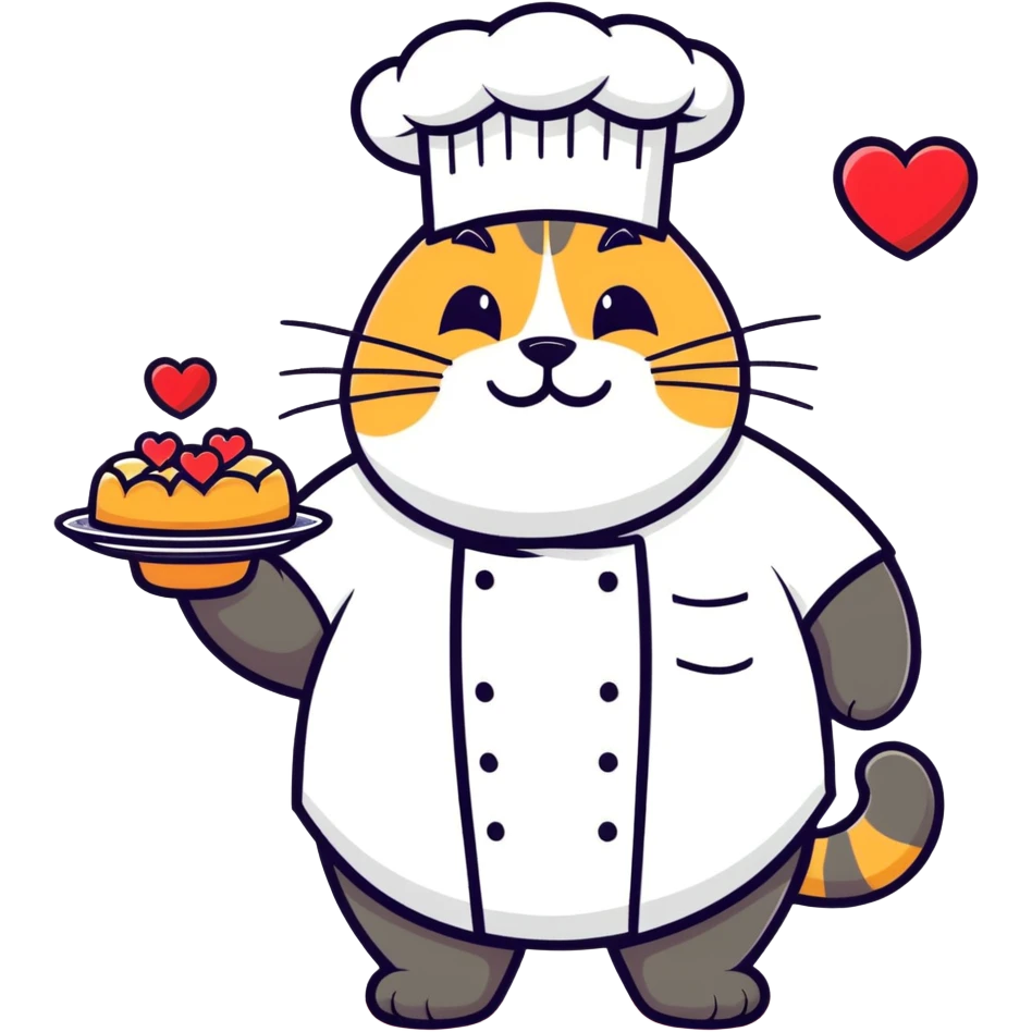 Fat cat in chef outfit with beard surrounded by hearts emoji