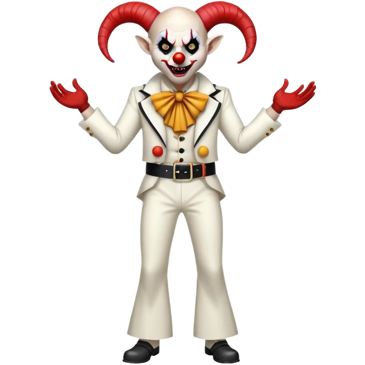 full-body demonic clown in a white leisure suit with bellbottom pants, bald, with black ram horns, flashy belt, ruffled shirt, no neck tie, large fangs in mouth emoji