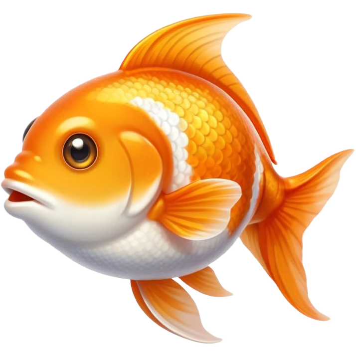 Cinematic Cute Orange and White Goldfish Portrait Emoji, Head tilted playfully and inquisitively, featuring a glossy, vibrant body adorned with a striking mix of orange and white, round, sparkling golden eyes filled with curiosity, Simplified yet irresistibly adorable features, highly detailed, glowing with a warm, friendly glow, high shine, affectionate and lively, stylized with a touch of whimsy, bright and endearing, soft glowing outline, capturing the essence of a mischievous yet loving goldfish, so playful it feels like it could swim out of the screen and into your heart! emoji