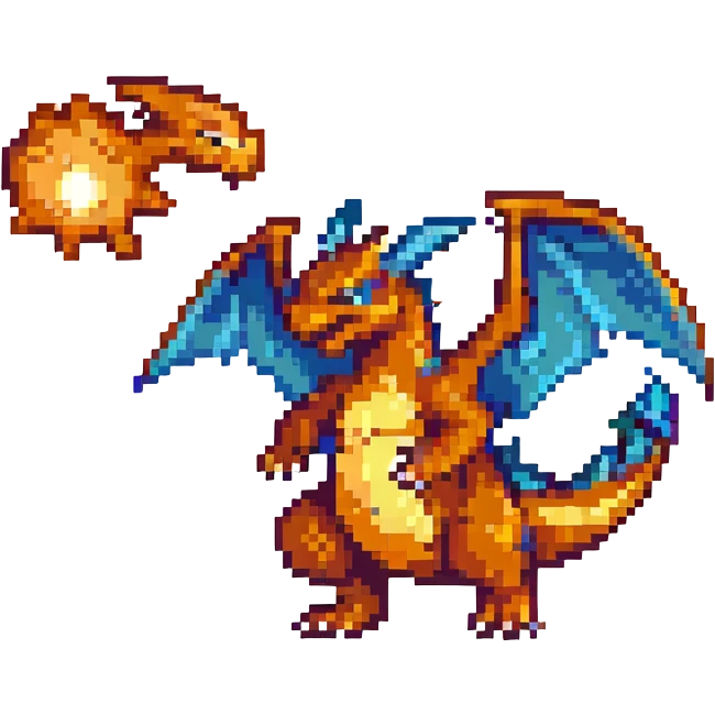 pixel art Charizard, flying emoji