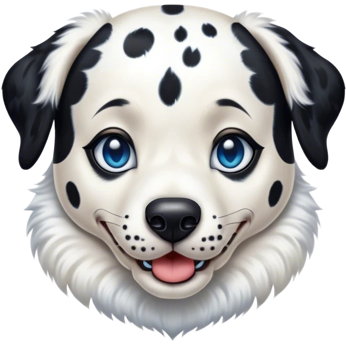 Cinematic Comical Harlequin Dalmatian Portrait Emoji, Head tilted dramatically with an exaggeratedly shocked or amused expression, featuring a striking Fur of predominantly white with vivid black patches, wide, expressive blue eyes filled with playful disbelief, Simplified yet hilariously expressive features, highly detailed, glowing with a slightly sassy glow, high shine, dramatic yet playful, stylized with an air of cheeky charm, bright and endearing, soft glowing outline, capturing the essence of a spirited and over-the-top guardian, so meme-worthy it feels like it could side-eye its way into internet fame instantly! emoji