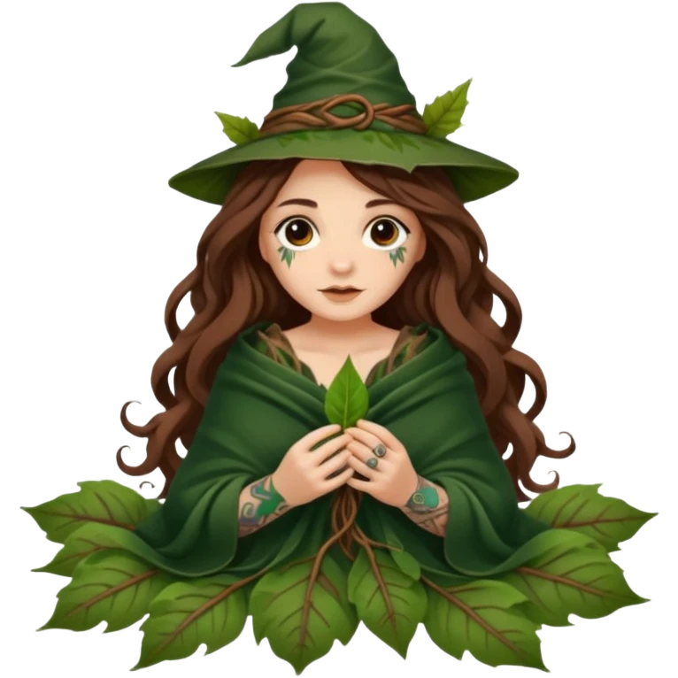 cute forest witch woman long wavy brown hair tattoos wrapped in leaf blanket emoji
