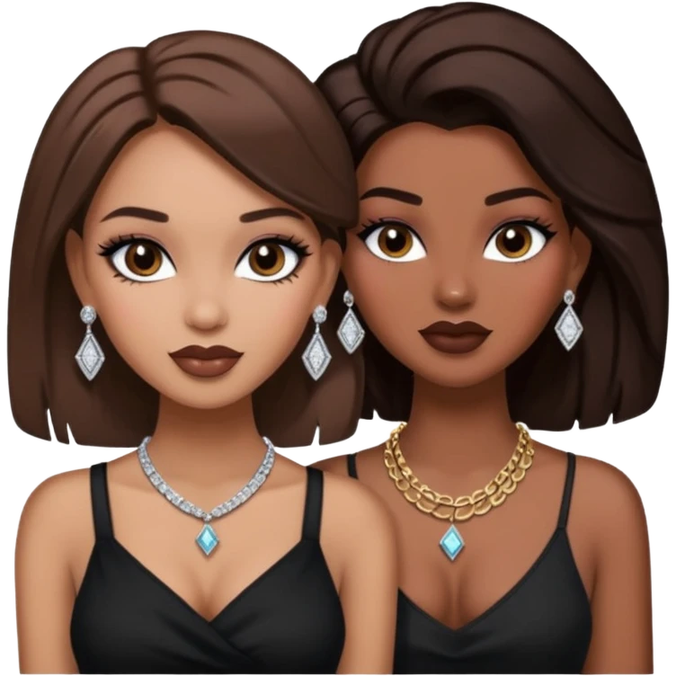 Boujy baddie best friends, trendy heavy makeup both dark hair one light skinned and one mocha brown pretty hair both wearing black and earrings and diamond necklace one mocha brown skin better ones please  emoji