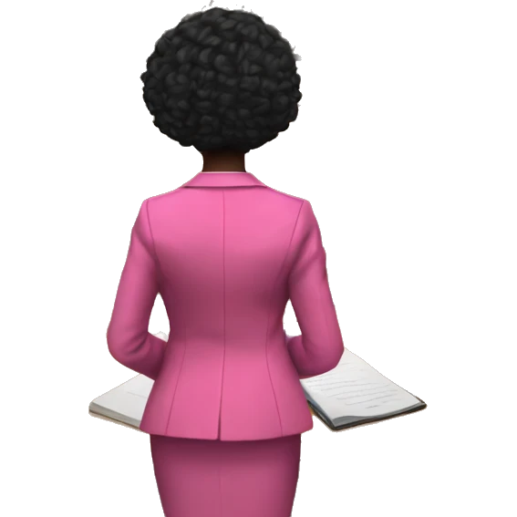 Rear view of Black female Historian with pink blazer and short black hair standing in court emoji