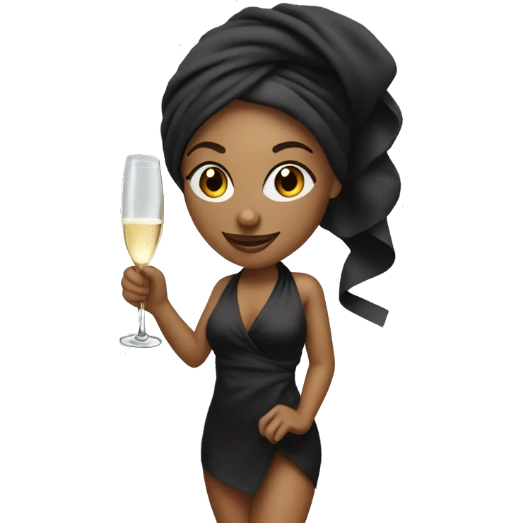 Girl with towel wrapped around hair holding a champagne glass and bottle in black high heels  emoji