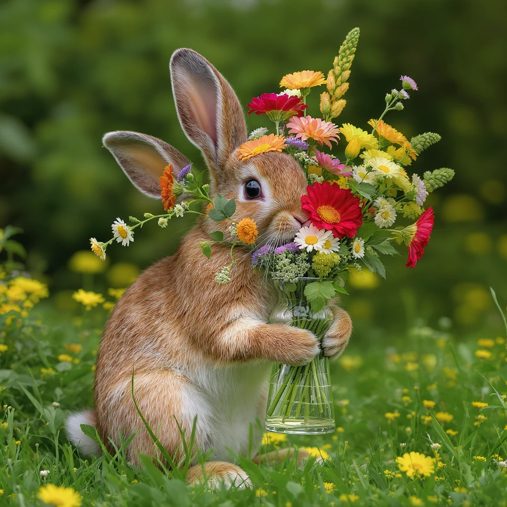 A rabbit holding a vase with flowers emoji