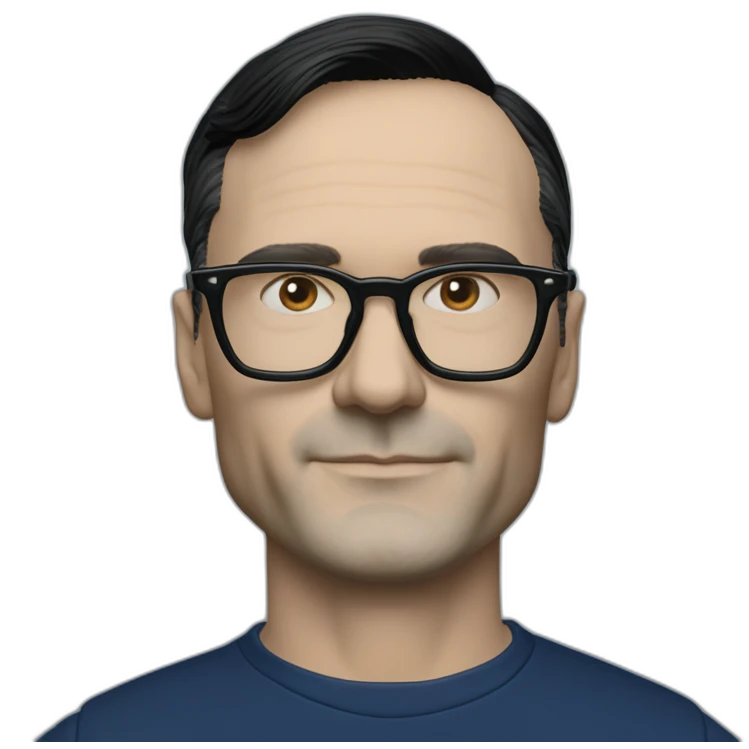 photo realistic Ralf Hutter from Kraftwerk, short straight black hair, black glasses, Dark Blue T-shirt, lean, in black tesla model 3 emoji