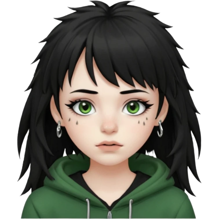 girl with black long layered hair with wispy bangs, pale skin, black t shirt, freckles on nose, dark nude colored lipliner, fluffy lashes, green hooded eyes, black spiky septum ring, eyebrow piercing, blush, thin black eyebrows. emoji
