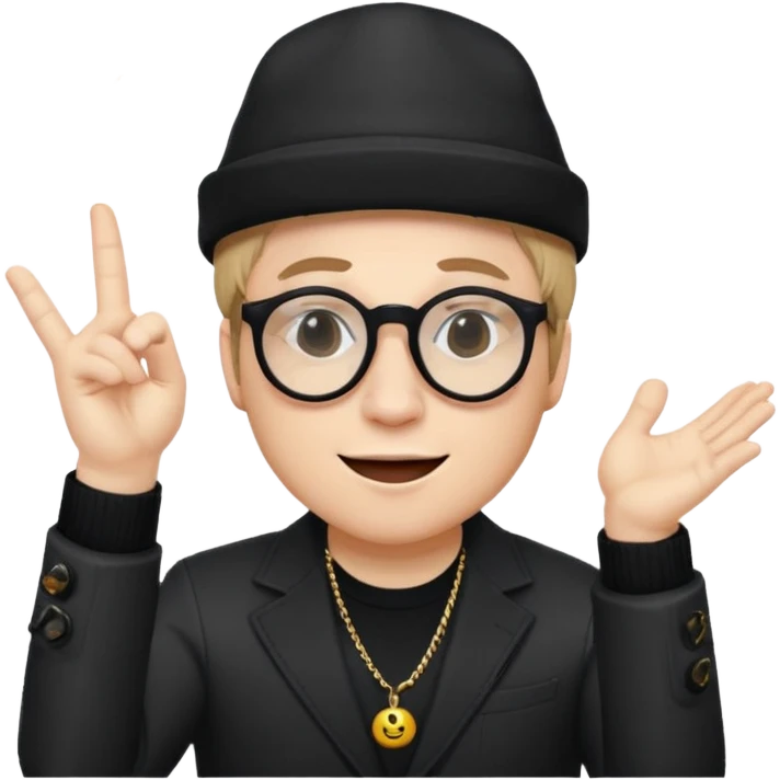 Patrick Stump from Fall Out Boy, emoji style, energetic pose, signature hat and glasses emoji