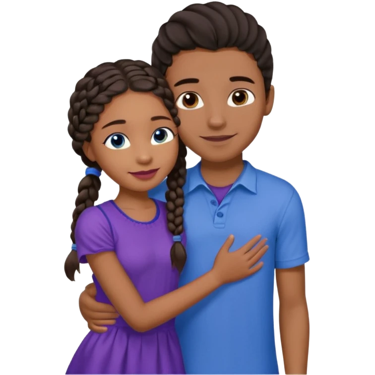 Boyfriend who is medium tan olive skinned with blue eyes and wavy straight brown hair in a blue shirt and his girlfriend who is dark skinned, juicy lipped with black braided hair and the two are hugging and smiling she’s wearing purple and she has black eyes emoji