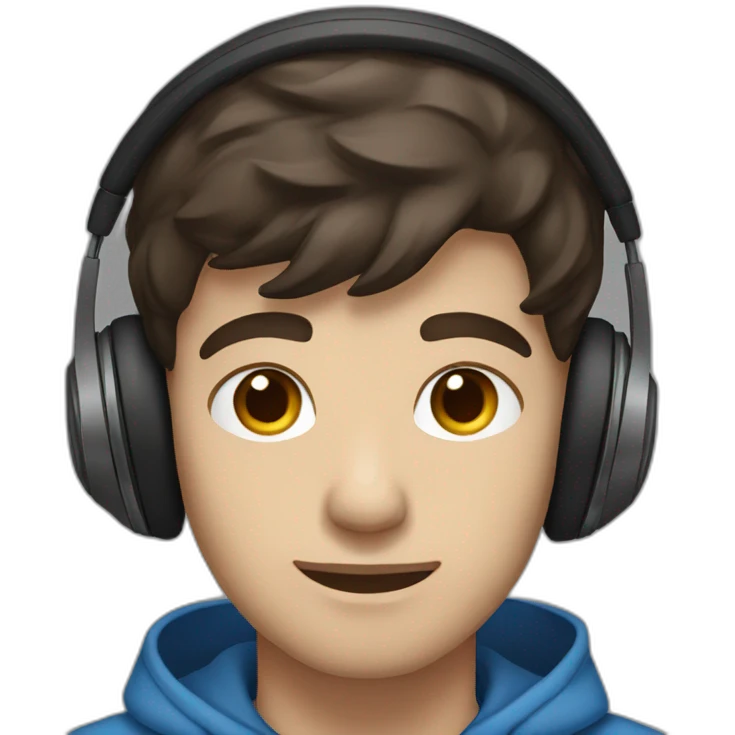 male, dark brown hair, dark brown eyes, headphones, blue hoodie emoji